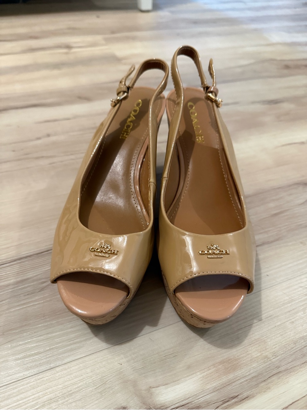 Coach Beige Patent Leather Peep-Toe Slingback Wedges
